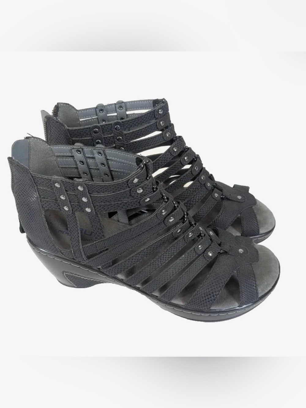Jambo Sugar Black Leather Wedge Sandals, 9M - Picture 2 of 10